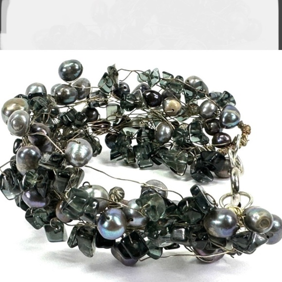 Vintage brutalist woven gray baroque pearls & smokey quartz chips wire bracelet - Picture 11 of 11